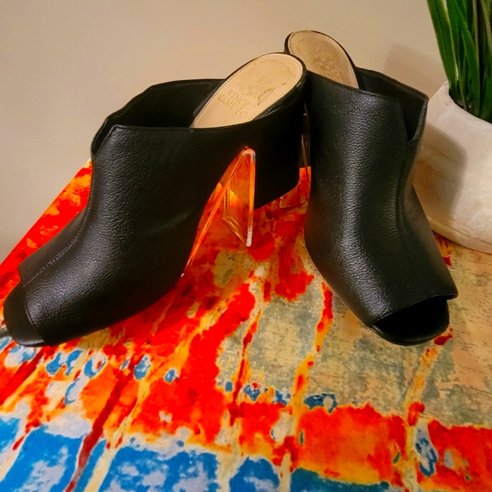 Vince Camuto Black Heeled Peep Toe Mule